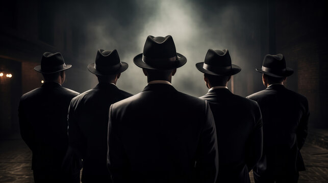 Old fashioned detective or mafia in hat on dark background, black and white color