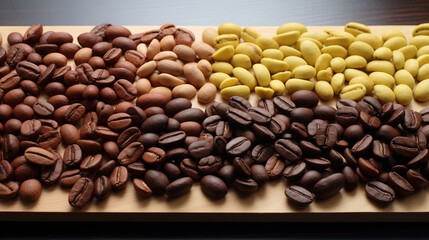 Colorful array showcasing the various roasting stages of coffee beans from green to dark roast.