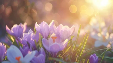 Zelfklevend Fotobehang Purple Crocus Flowers Blooming in a Sunny Spring Field at Dawn © Olena Rudo