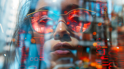 Woman with digital data overlay.