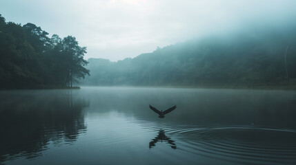 Misty lake with a bird taking flight.