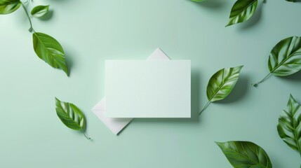 Blank Textured Card with Green Leaves on Pastel Background