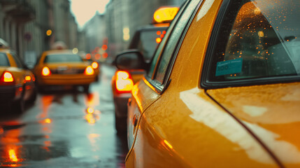 Rainy city street with bright yellow taxis.