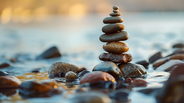 Zen stone tower balanced by a tranquil river.