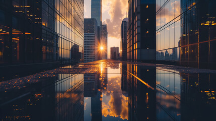 Fototapeta premium Sunset reflecting in skyscrapers' glass in urban landscape.