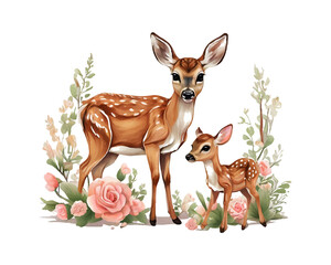 Baby deer with her mother Mother's Day illustration