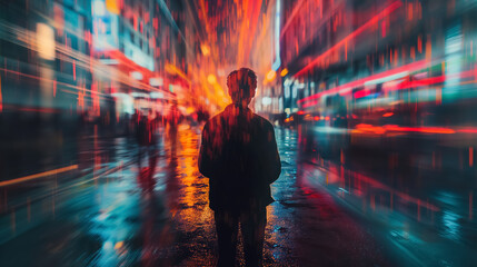 Blurred figure in a vibrant, fast-paced city.