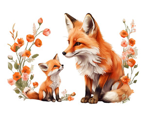 Obraz premium red baby fox with her mother for Mother's Day illustration