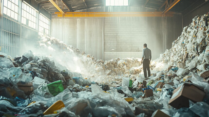 Man contemplating in a vast landfill site. - obrazy, fototapety, plakaty
