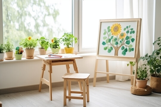 Kindergarten room with easel chair and table for painting. children's room and furniture and natural green flowers on white windowsill 