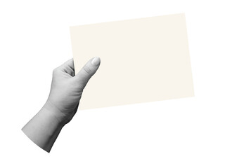 Black and white hand holds a blank paper sheet - element for collage. Illustration on transparent background