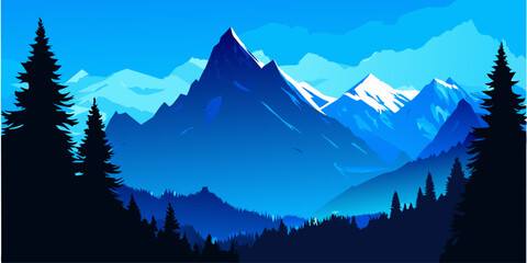 Blue montain with clear sky background and fine tree decorated. Ai generated vector