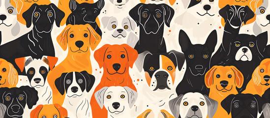 Pattern of dogs of different breeds and colors. Colorful funny background with pets. Panorama - obrazy, fototapety, plakaty
