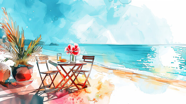 Tabele on seacoast beach. Illustration of paradise island