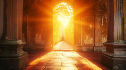 Sunlight pouring through a corridor.