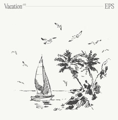 Cartoon sailboat on tropical beach with palm trees and seagulls. Hand drawn vector illustration. - 745576245