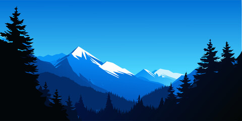 Blue montain with clear sky background and fine tree decorated. Ai generated vector