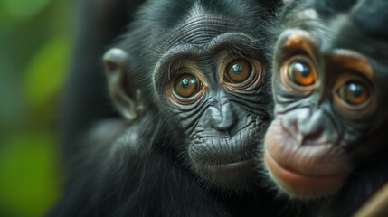Two young chimpanzees close up.
