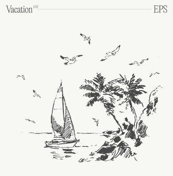 Cartoon sailboat on tropical beach with palm trees and seagulls. Hand drawn vector illustration.