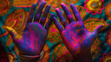 Painted hands with psychedelic patterns.