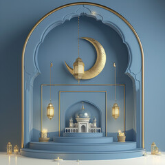 AI generative Ramadan Kareem 3D modern Islamic banner in blue background, display podium with lantern, moon and mosque