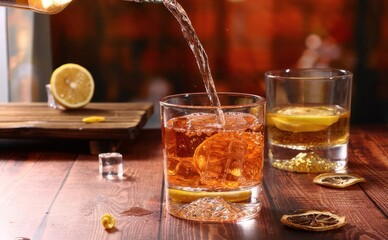 Pouring Disaronno into cocktail glass on wooden table