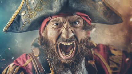 Fierce pirate screaming with intense expression.