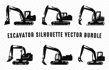 Excavator vector black Silhouette Set, Compact excavator silhouettes, Mini excavate clipart bundle