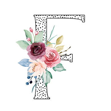 Letter F with watercolor flowers and leaf. Monogram initial, letterhead perfectly for wedding invitations, greeting card, logo, poster and other design. Hand drawing.