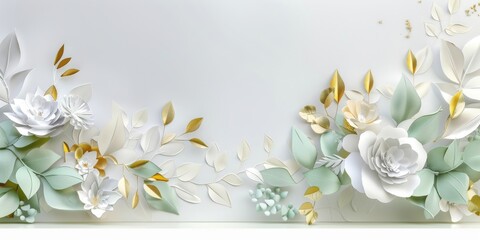 Fototapeta na wymiar Gold and Green Leafs with White Background and Pastel Colors - Dark White and Light Gray Shaped Canvas - Innovative Page Design Delicate Flowers Wallpaper created with Generative AI Technology