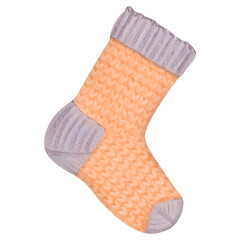 A watercolor isolated object featuring a knitted sock, a clothing item for winter and autumn. Suitable for knitting, crafting, and cozy evenings