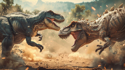 Two dinosaurs engaged in combat in the dirt