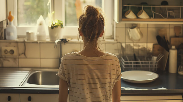 Lonely woman gazing out of kitchen window.