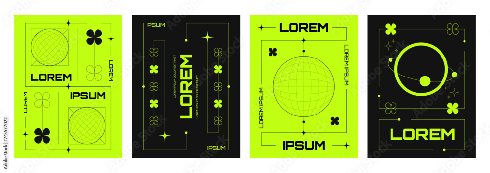 Poster poster design template in trendy y2k style with simple abstract grid shapes and patterns on acid neo