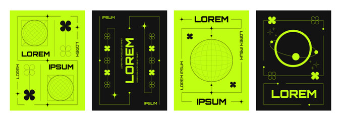 Poster design template in trendy y2k style with simple abstract grid shapes and patterns on acid neon green and black background. Vector banners set with wireframe elements in 90s and 00s aesthetic.