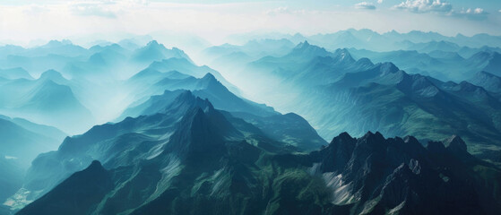 Aerial view of mountain range from an airplane - obrazy, fototapety, plakaty