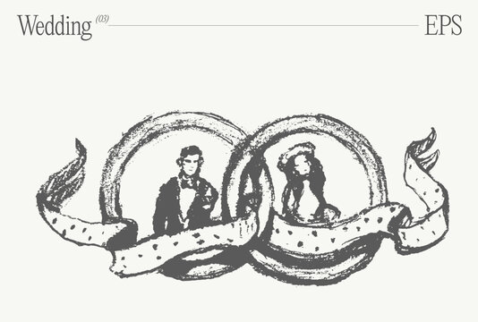 Bride and groom in wedding bands with a ribbon. Conceptual hand drawn vector illustration, sketch.