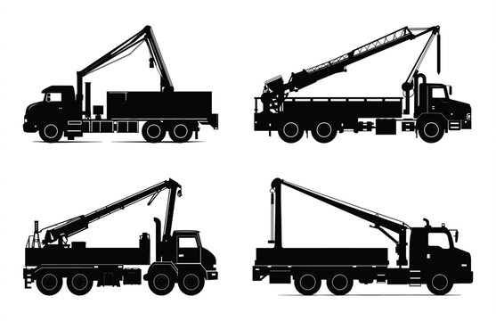 Mobile Crane Truck Silhouette Vector Set, Crane trucks black Silhouettes Bundle