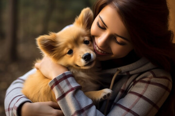 Beautiful young woman playing with a puppy