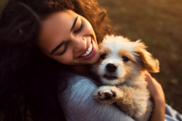 Beautiful young woman playing with a puppy