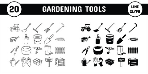 Gardening Tools Line Glyph Vector Illustration Icon Sticker Set Design Materials