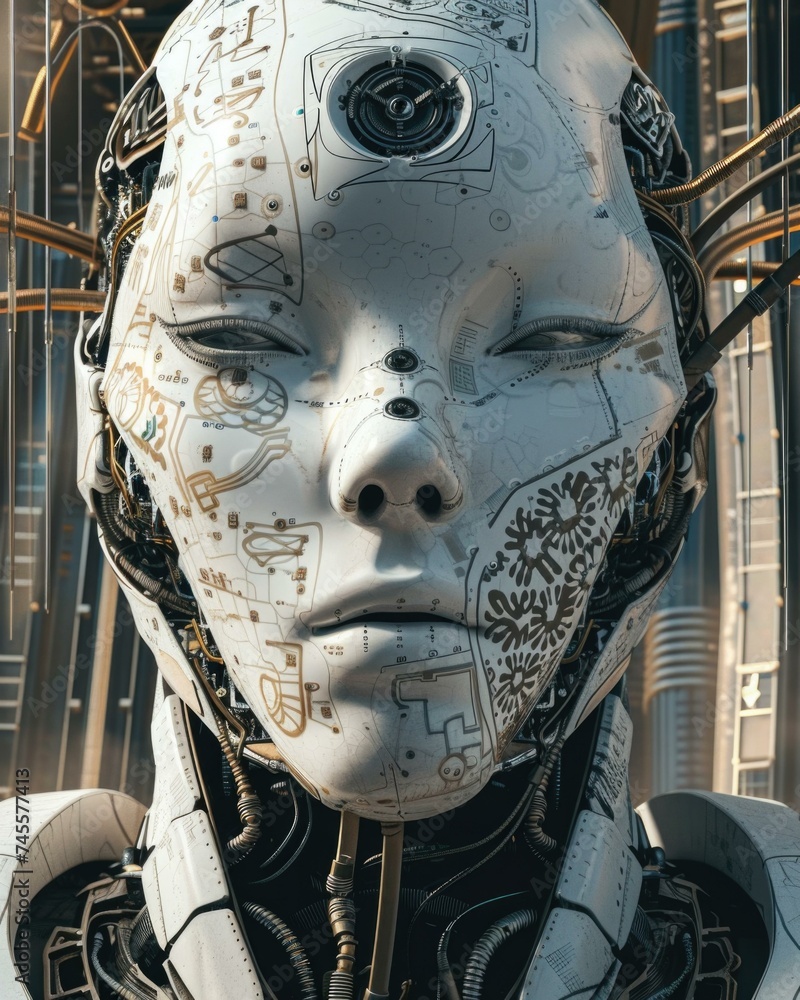 Poster a robot head with a face and a lot of wires. generative ai.