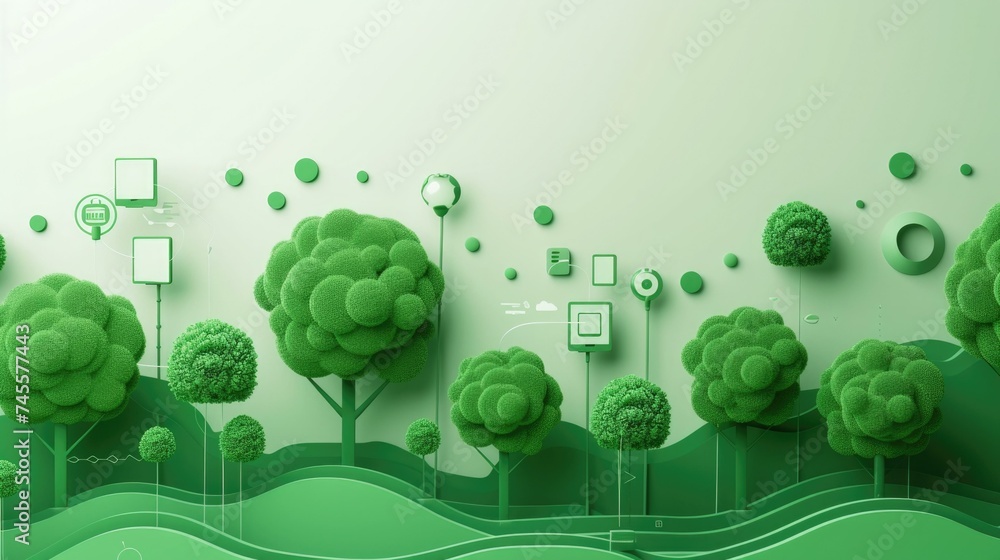 Poster a green landscape with trees and other objects. generative ai.