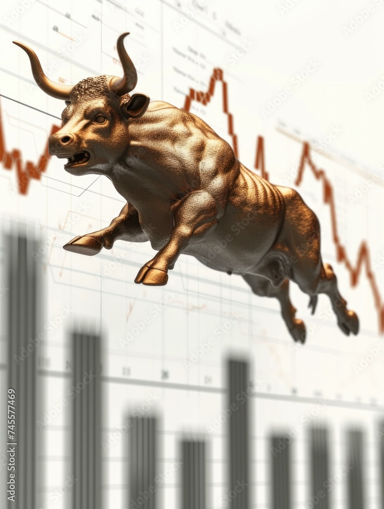 Poster a bull is jumping over a chart with a bull on it. generative ai.