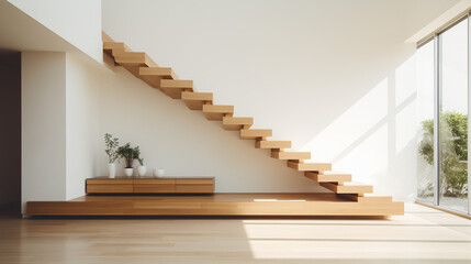 Wooden minimalistic stairs in pure big space 