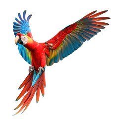 A colorful parrot is flying in the air. Generative AI.