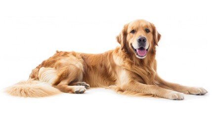 A golden retriever is sitting down on a white background. Generative AI.
