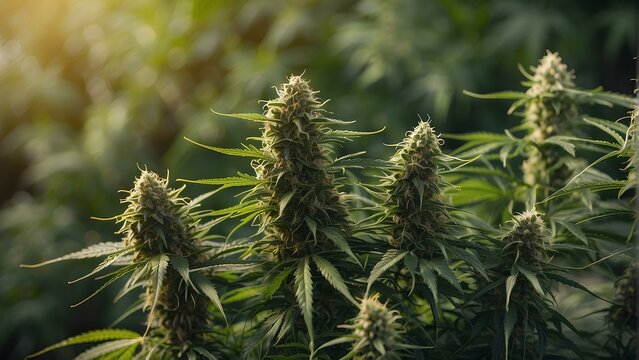 Natural Cannabis Buds on a Cannabis Plantation Background.
Natural Herbs.