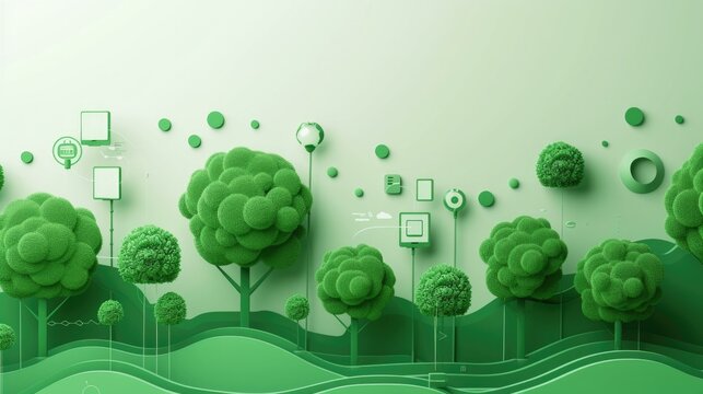 A green landscape with trees and other objects. Generative AI.