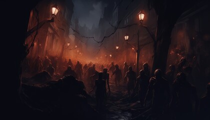 zombie crowd walking at night,halloween - obrazy, fototapety, plakaty